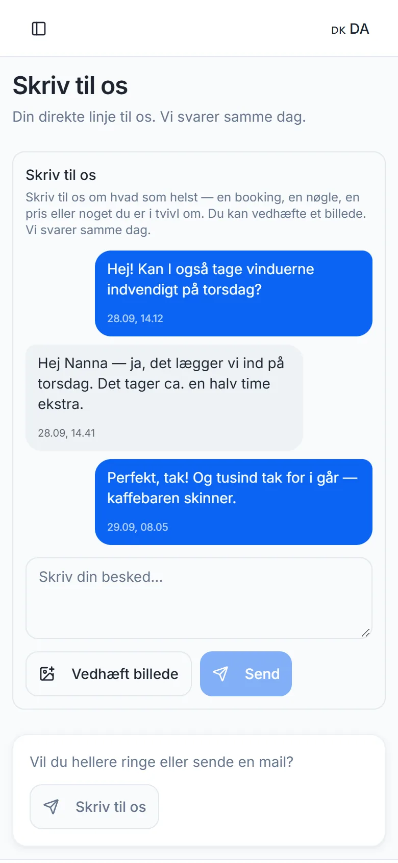 Kunden skriver til virksomheden fra portalen