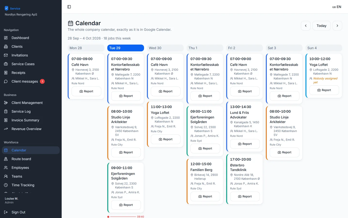The calendar with the week’s jobs, coloured by route
