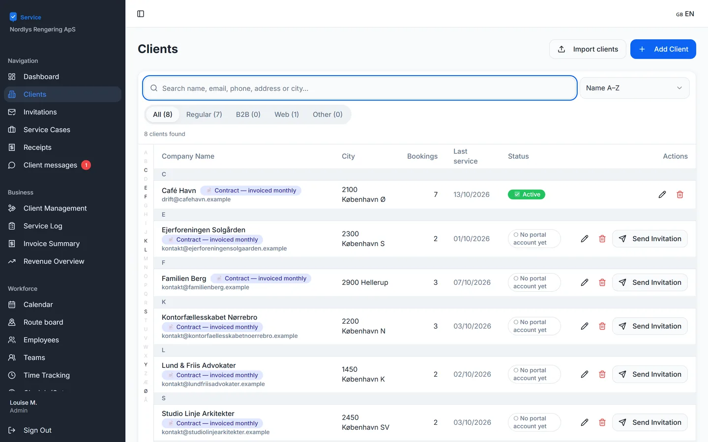 The customer list with bookings, latest service and portal status
