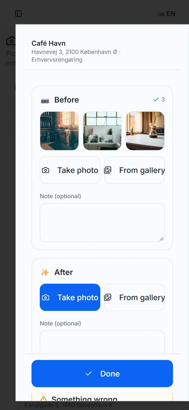 The photo report on the phone with before photos and the camera button