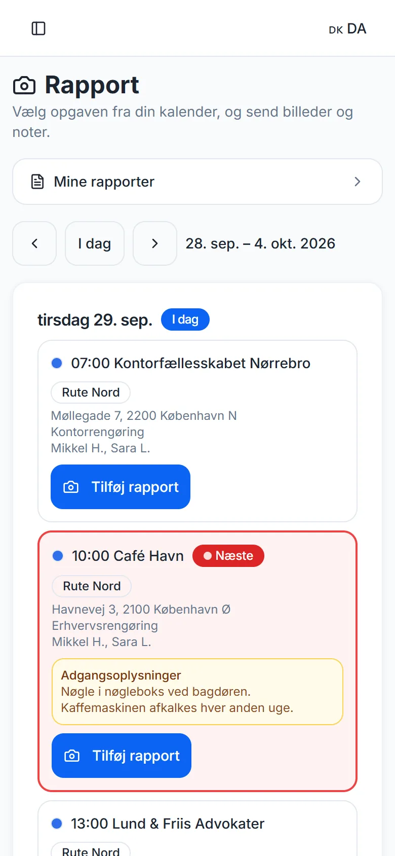 Dagens rute på medarbejderens mobil med adresse og adgangsoplysninger