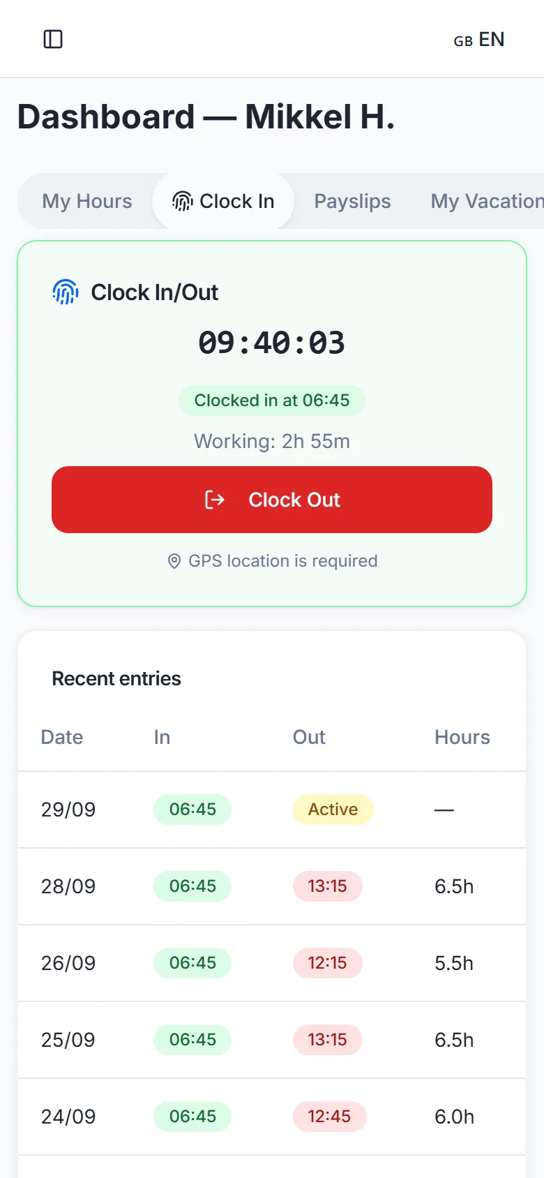Clock-in on the phone with GPS location