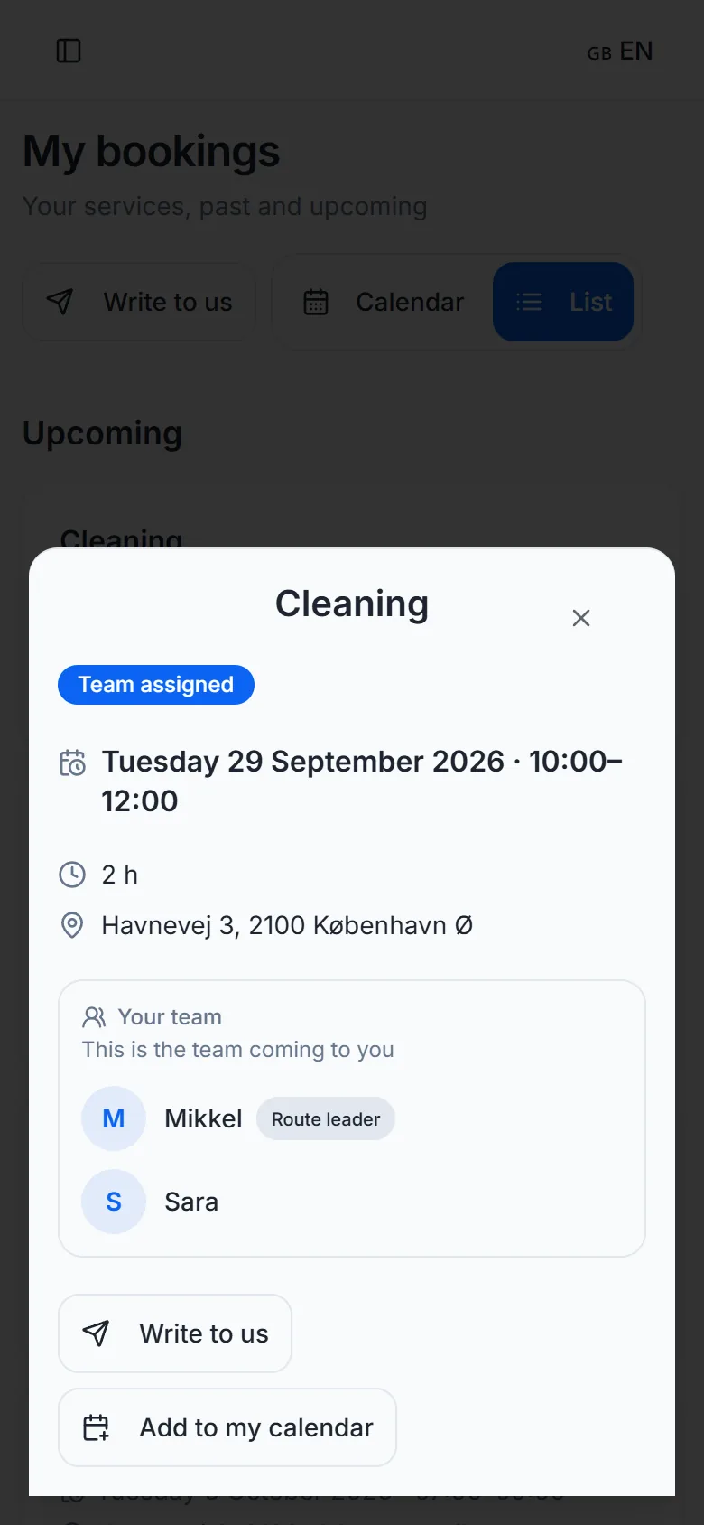 A booking in the customer portal with “Your team” and the route leader