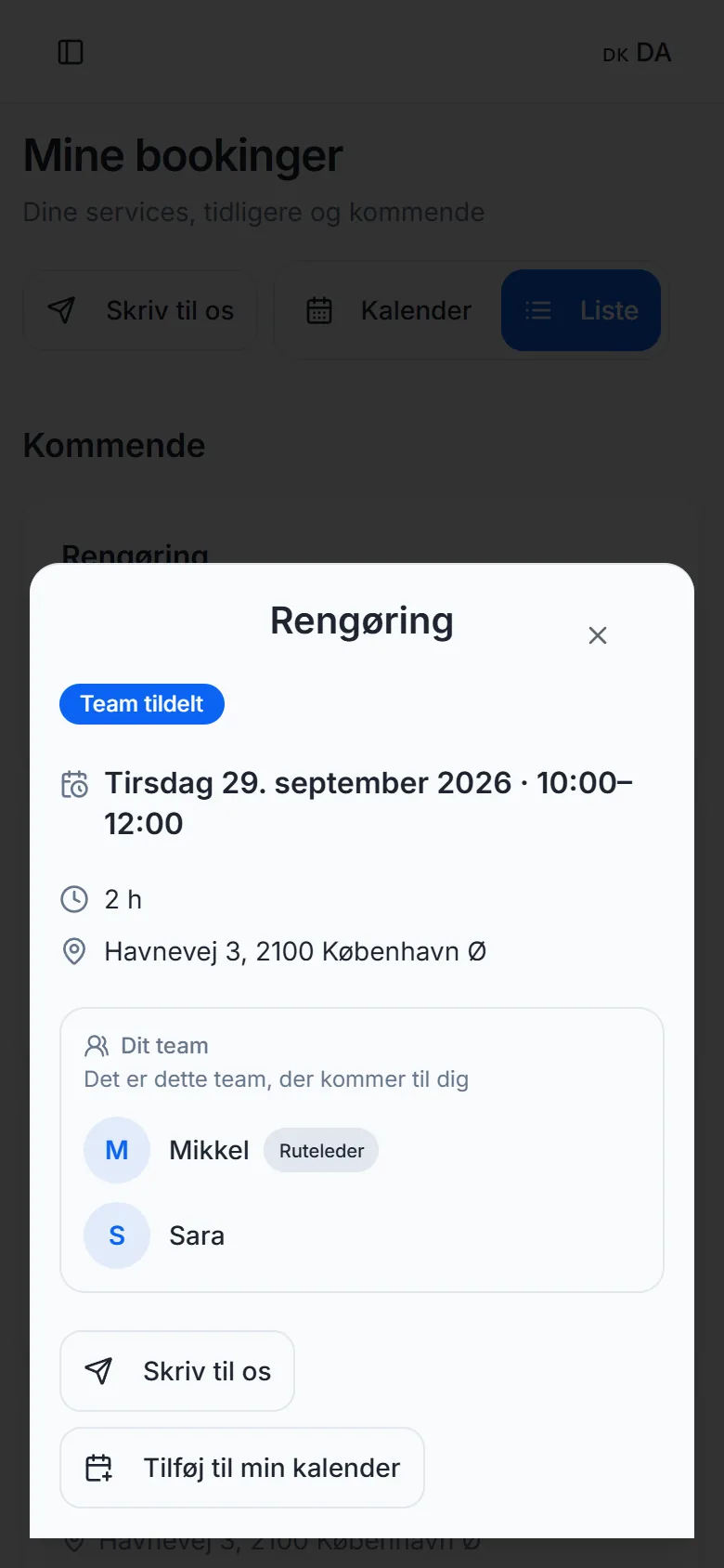 En booking i kundeportalen med »Dit team« og rutelederen